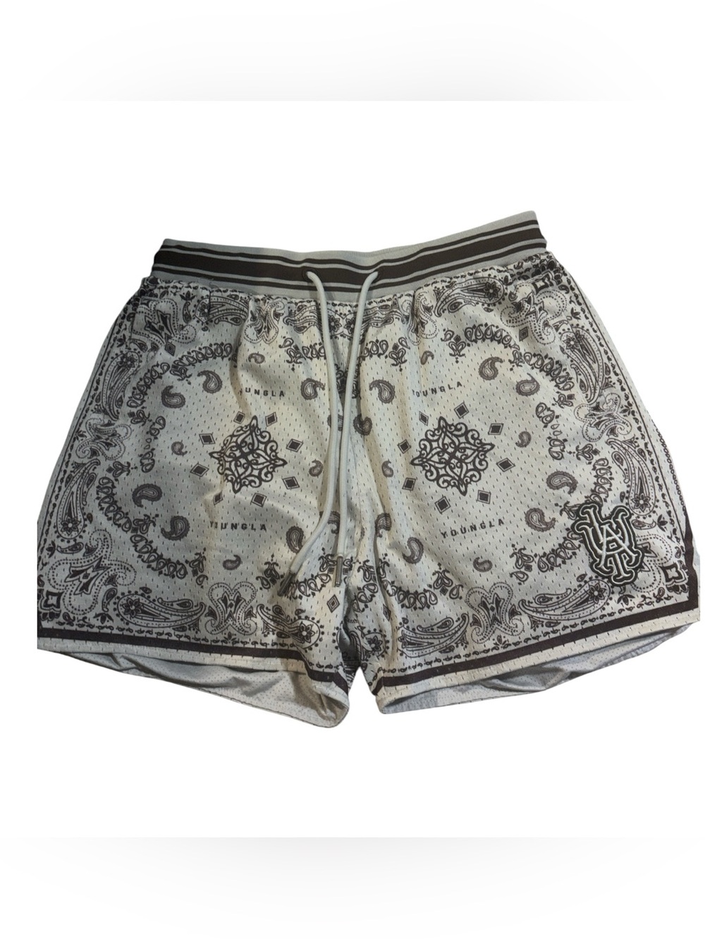 YoungLA White and Brown Bandana-Print Athletic Shorts